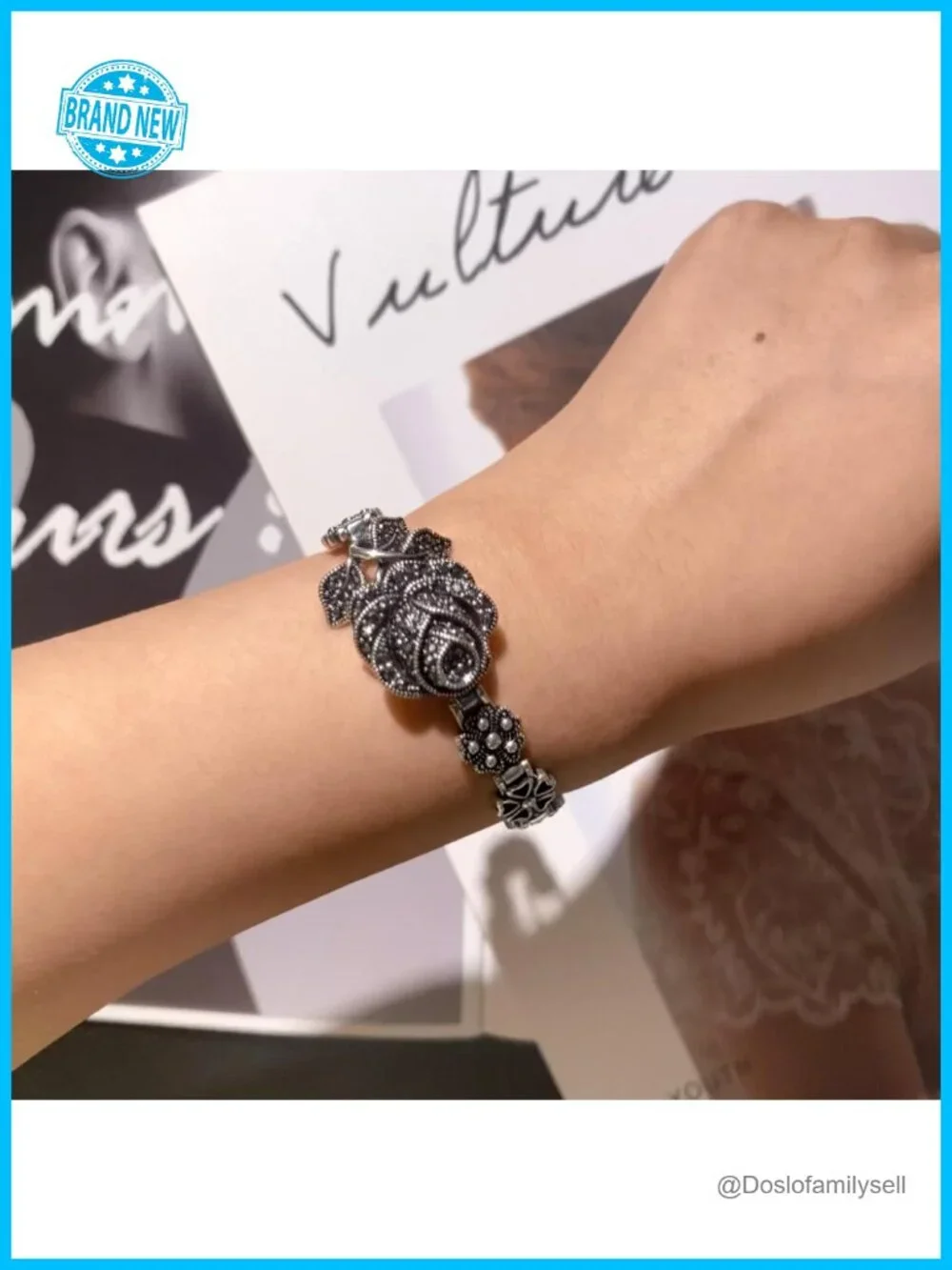 Vintage Black Onyx Marcasite Rose Bangle Bracelet, Link Chain Cuff